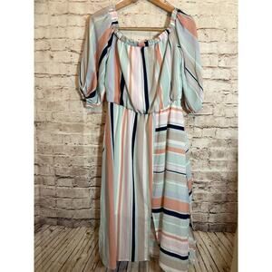 Luxology Dress Womens Medium Midi Pastel Asymmetric Stripes Balloon Sleeve Slits